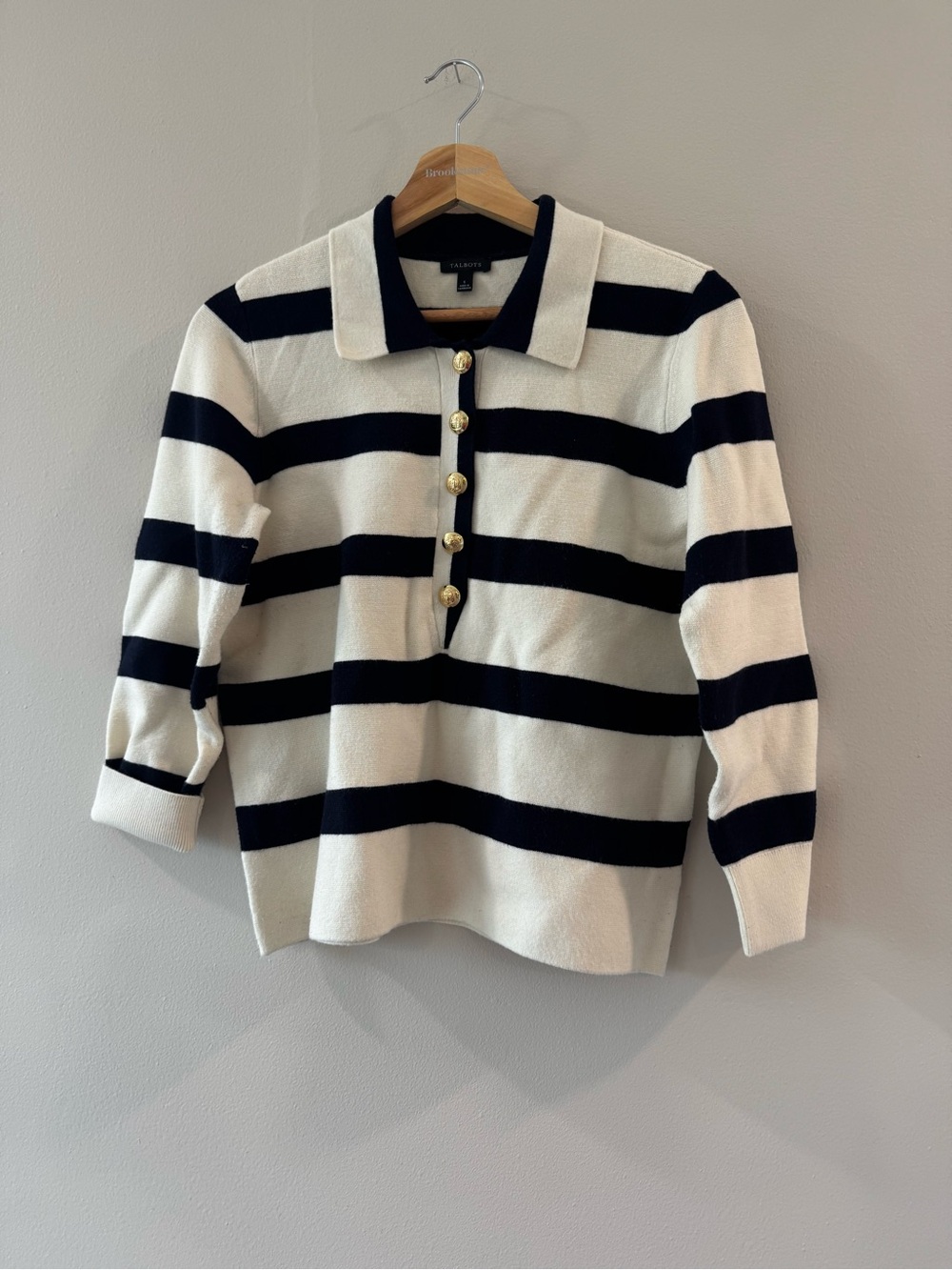 Talbots Small Nautical Stripe Sweater Gold Buttons Collared Pull Over Stretch